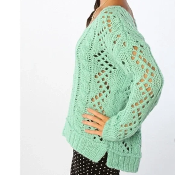 Free People Y2K Green Open Chunky Wool Mohair Blend Cable Knit Sweater Size M - Picture 7 of 16